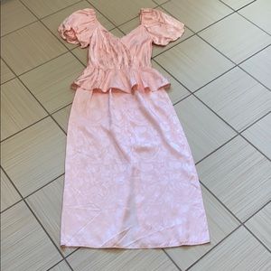 Vintage Pink Floral Puff-Sleeve Peplum Dress